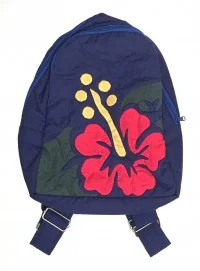 Quilted Backpack: Blue w/ Red Hibiscus - Medium Size - Product Image