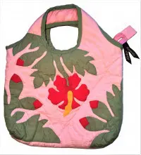 Quilted Purse - Red, Yellow, Olive Green Anthurium on Pink - Product Image